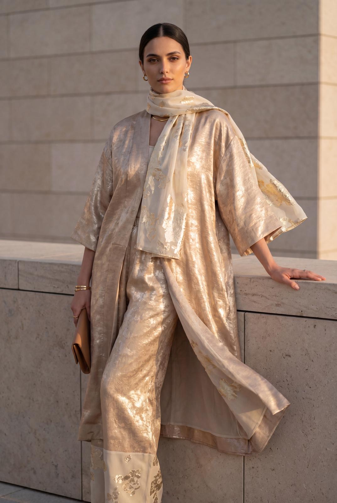 NT Collection Gold Simli Kaftan & Pantolon Takım