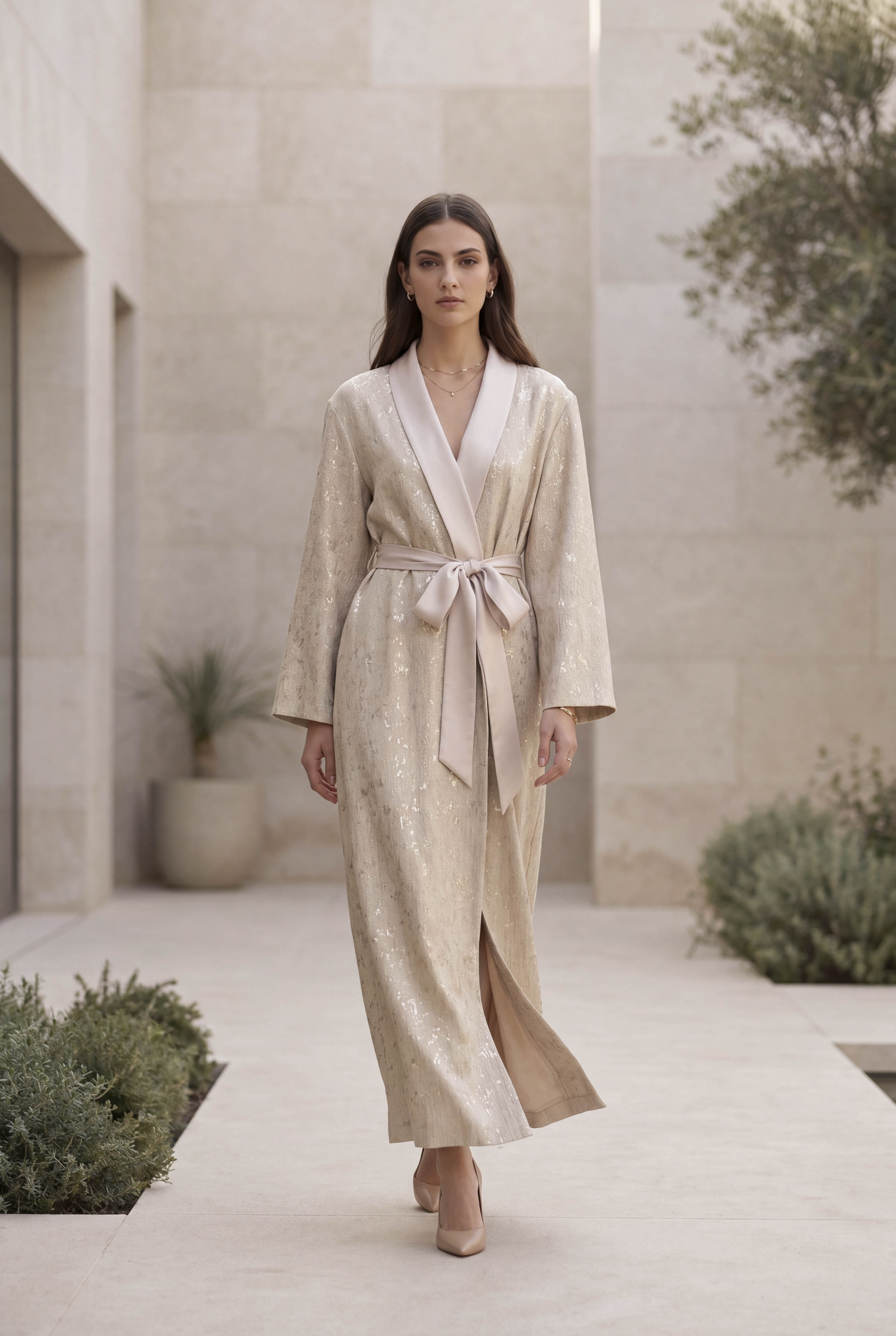 NT Collection Kuşak Detaylı Simli Kaftan